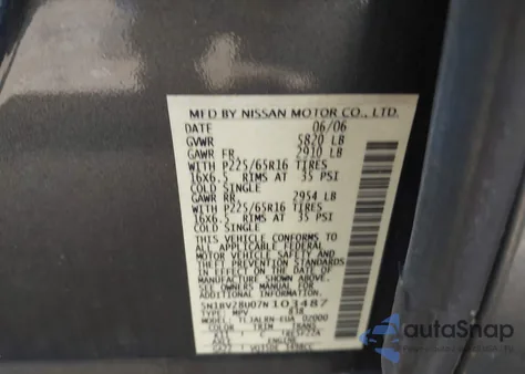 2007 Nissan Quest 3.5 from USA, damaged, VIN 5N1BV28U07N103487